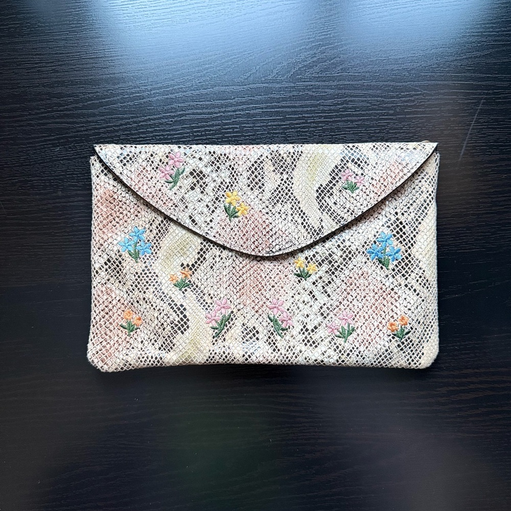 Anthropologie Floral Embroidered Envelope Clutch Snakeskin Print Bag